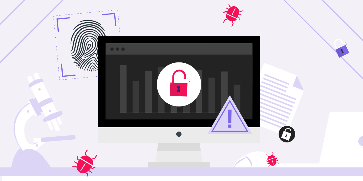 Illustration of cybersecurity threats: unlocked padlock on screen, bugs, fingerprint, and warning icons