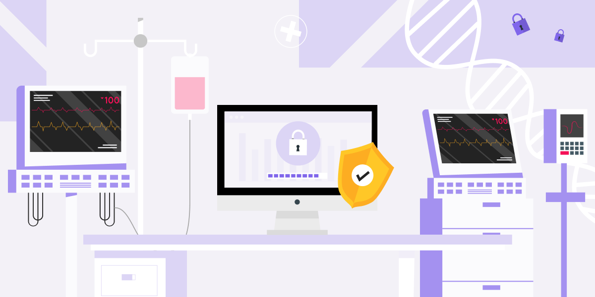 Illustration of secure healthcare devices: monitors, IV, and a computer with a lock and shield icons.