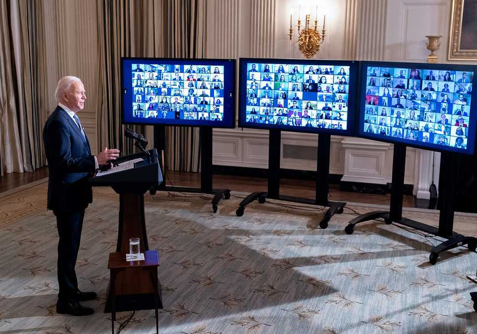 President Biden participates in a virtual swearing-in ceremony of top aides and appointees, Jan. 20, 2021. (Official White House Photo by Adam Schultz/https://flic.kr/p/2kyXG4q/Public Domain)
