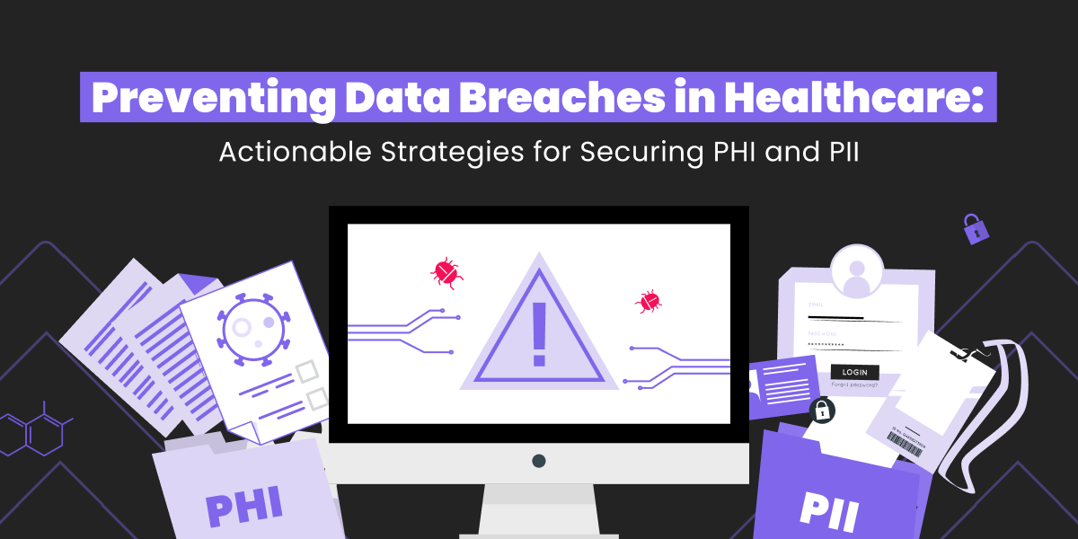 Illustration depicting strategies for preventing data breaches in healthcare, focused on securing Protected Health Information (PHI) and Personally Identifiable Information (PII). The image shows a computer screen with a warning symbol, surrounded by documents and icons representing PHI, PII, and cybersecurity threats.